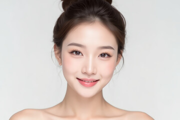 Obraz premium Female Asian Model with Short Hair - Young Beautiful Woman with Hair Bun - Studio Portrait of Asian Beauty for Fashion, Cosmetic, Skincare - Posing on White Background - Smooth Tied Hair