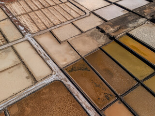 Geometric aerial view of traditional salt pans at Salinas de Janubio in Lanzarote, Canary Islands
