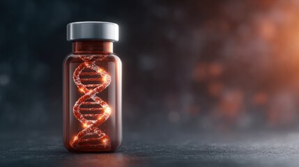 A glass vial containing a glowing DNA double helix, set against a dark, textured background, symbolizing genetic science and innovation.
