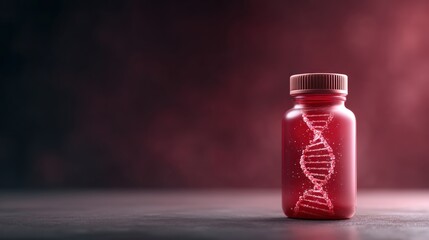 A red-tinted jar contains a glowing DNA strand, set against a dark background, evoking themes of science and genetics.