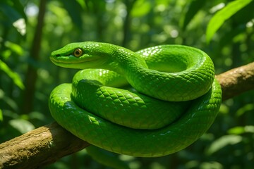 Obraz premium Green Tree Snake in Amazon Rainforest: Coiled Reptile Camouflaging in Vibrant Jungle Habitat - Nature and Wildlife Photography