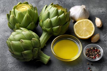 Fototapeta premium Three artichokes with garlic lemon olive oil peppercorns arranged on a gray surface