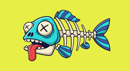 Humorous Cartoon Fish Skeleton with Protruding Tongue and Cross-Eyed Expression Displayed on a
