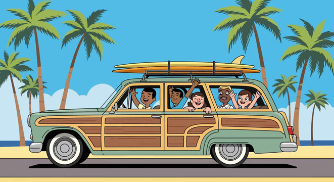 Cartoon woody wagon on a summer vacation road trip with diverse passengers waving hands and smiling