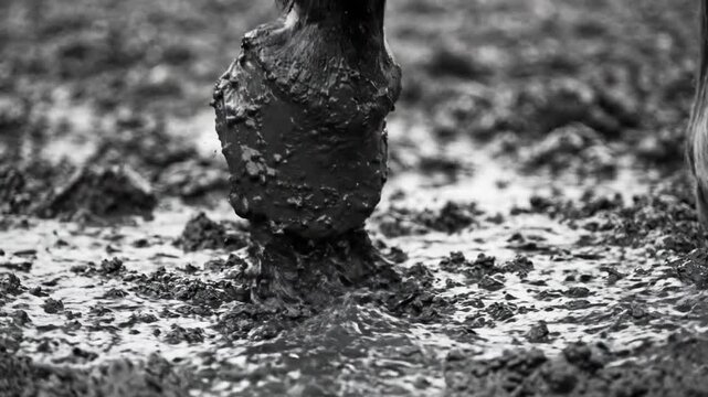 Horse hoof struggling through deep mud, conveying effort and perseverance