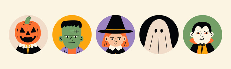 Children in Halloween costumes. Round avatars, portraits. Cute characters. Pumpkin head, Frankenstein's monster, witch, ghost, Dracula. Hand drawn Vector illustration 