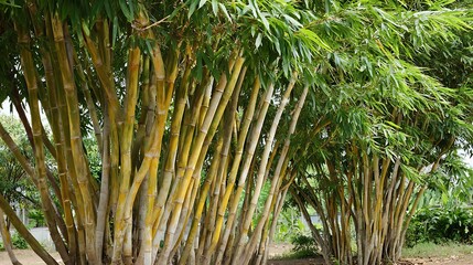 Clumps of Yellow Bamboo Stalks with Green Foliage plant