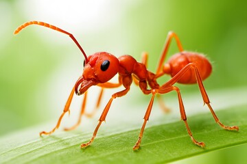 Macro Photography of Red Ant on Green Background: Close-Up of Small Insect in Natural Habitat