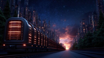 A futuristic train travels through a cityscape under a starry sky, with glowing lights illuminating the tracks and buildings.