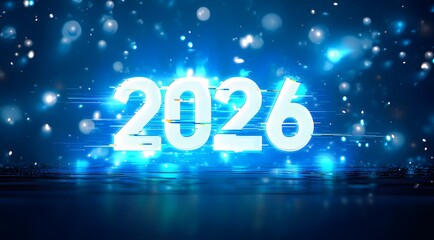 Bright glowing numbers 2026 with futuristic blue light effects and bokeh particles