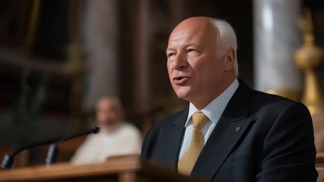 Speaker of parliament addressing representatives with emotion of authority and leadership, symbolizing national governance, formal political debate, and the power of democratic institutions shaping