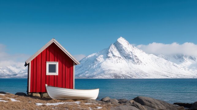 A vibrant red cabin beside a serene blue lake, framed by majestic snow-capped mountains under a clear sky. - Powered by Adobe