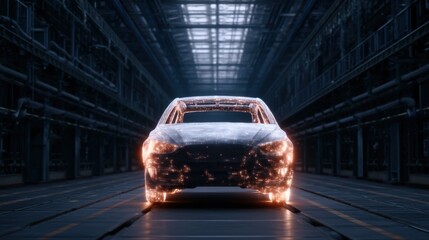 A futuristic car design illuminated with digital lights, set in a high-tech industrial environment.