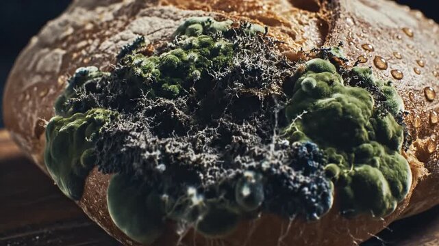 Moldy bread closeup with water droplets, highlighting decay and spoilage