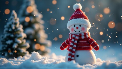 Cheerful snowman with red knitted hat and scarf stands on snowy ground. Glowing bokeh lights and frosty trees create a festive winter scene. Perfect for Christmas, New Year, greetings, and decor.
