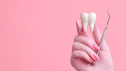 Dentist's gloved hand holding a tooth model and dental tool