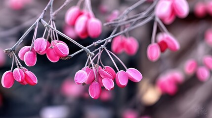 Fototapeta premium Frosted Berries Glisten on Branches During a Quiet Morning in Winters Embrace