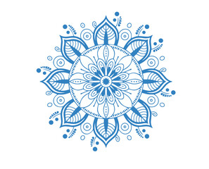 Blue intricate mandala shows symmetrical floral elements on a transparent white backdrop