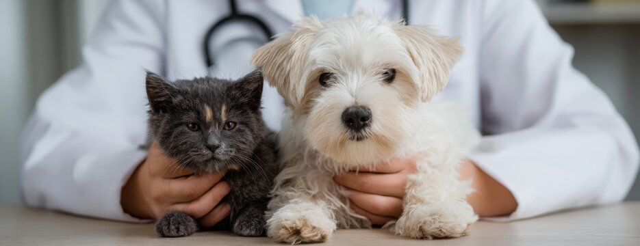 Veterinarian holding a cat and dog on table in clinic  
