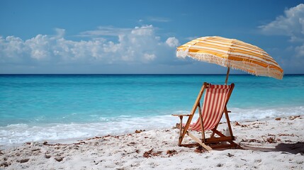 Empty Beach Chair and Umbrella Under Blue Sky ocean