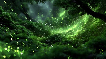 Enchanted forest with glowing green particles and bokeh lights