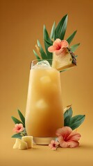 Tropical Elixir Delight: A vibrant cocktail, garnished with fresh pineapple and tropical flowers, sits gracefully against a warm backdrop, offering a glimpse of paradise.