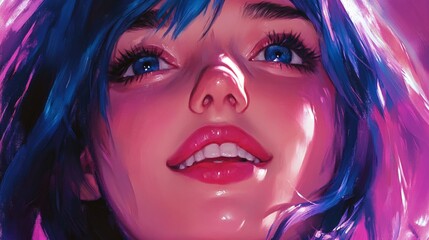 vibrant digital portrait of a woman with blue hair and bright blue eyes for artistic, beauty, and fashion use