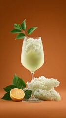 Refreshing Botanical Elixir: A vibrant cocktail featuring elderflower, lemon, and fresh leaves against a warm background, a visual treat showcasing the art of mixology and natural ingredients.