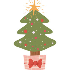 Festive Green Christmas Tree Adorned With Pink Ornaments and Star Topper in a Decorative Pink Potted Base Tied With a Red Bow Isolated on White