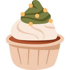 Festive Green Frosted Cupcake with Creamy Swirls and Yellow Sprinkles on a Tan Wrapper with a Transparent Background