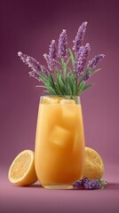 Lavender-Infused Refreshment: A tall glass of vibrant beverage, adorned with lavender, ice, and lemon slices, promises a tantalizing taste of nature's best in a serene, artistic setting.