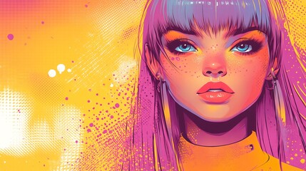 vibrant digital illustration of a girl with bright makeup and colorful hair for creative art projects