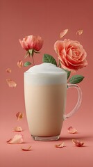 Aromatic Rose Latte: A captivating close-up of a glass mug filled with a creamy latte, adorned with delicate rose blooms, petals and gentle leaves, creating a sense of tranquil elegance.