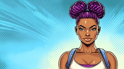vibrant african american woman with purple braided hair and backpack in comic style