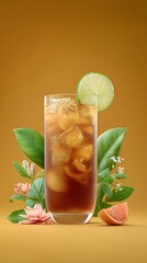 Refreshing Cocktail Delight: A visually captivating iced tea concoction, garnished with a citrus slice, set against a warm, inviting backdrop of organic elements.