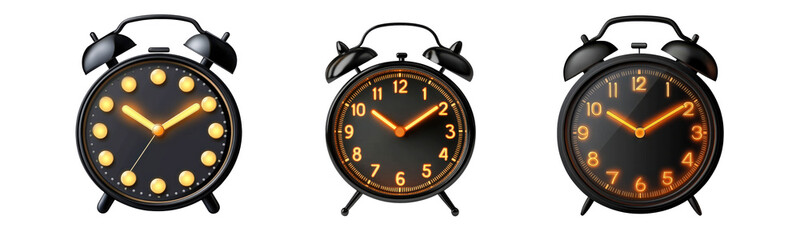 alarm clocks set, time variations on white background.