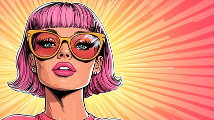 vibrant pop art portrait of a trendy woman with pink hair and sunglasses