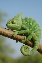 Obraz premium Green Chameleon Reptile Sleeping on Branch | Colorful Exotic Animal Wildlife Close-Up with Prehistoric Camouflage and Scales in Natural Habitat at Sunset Outdoors