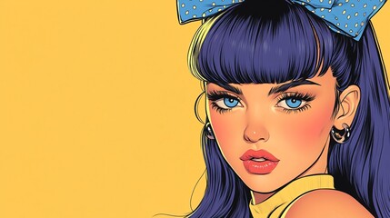 vibrant pop art style portrait of young woman with blue hair and large bow accessories