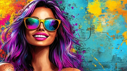 vibrant colorful digital art of smiling woman in sunglasses with artistic graffiti background