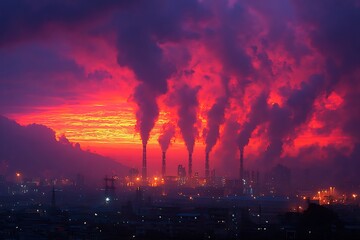 Industrial Plant Emitting Smoke Under a Vivid Purple and Red Sky