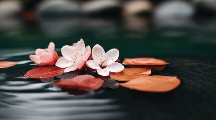 Delicate pink flowers and orange leaves float serenely on calm water, creating a tranquil and picturesque scene.