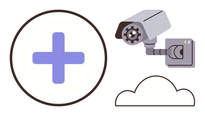 Surveillance camera directed toward a cloud shape and plus sign, emphasizing data storage, online security, system integration. Ideal for safety, privacy, technology, IoT, cloud computing digital