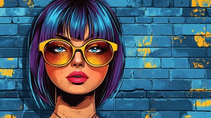 vibrant digital art portrait of a woman with colorful hair and stylish sunglasses against graffiti wall