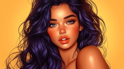 stunning digital portrait of beautiful woman with purple hair and bright blue eyes photography illustration art model lipstick makeup