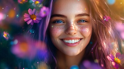 vibrant smiling young woman with colorful flowers and dreamy bokeh background
