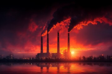 Industrial Smokestacks Emitting Smoke Against Fiery Sunset