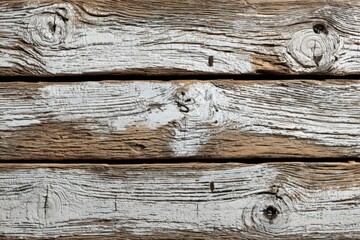 Close-up on weathered white painted wooden planks with visible wood grain and knots creating a textured surface