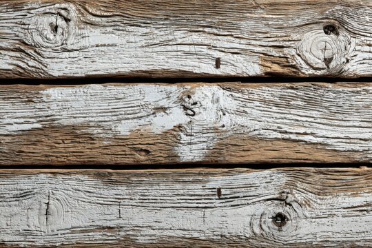 Close-up on weathered white painted wooden planks with visible wood grain and knots creating a textured surface - Powered by Adobe