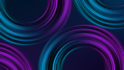 Multiple glowing magenta and cyan circular elements swirl on a dark navy blue background